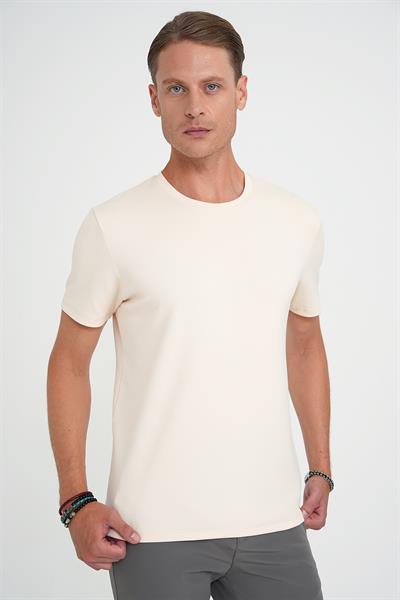 Comfort Fit Bisiklet Yaka Esnek Pamuk Casual Krem Tişört Ts 885