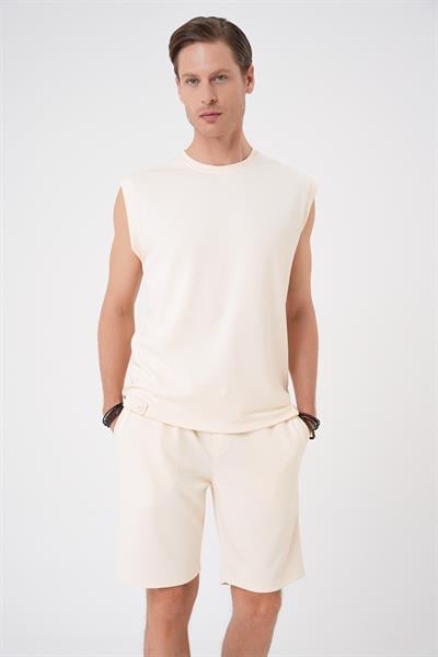 Comfort Fit Bisiklet Yaka Esnek Pamuk Kolsuz Spor Bej Tişört Ts 898