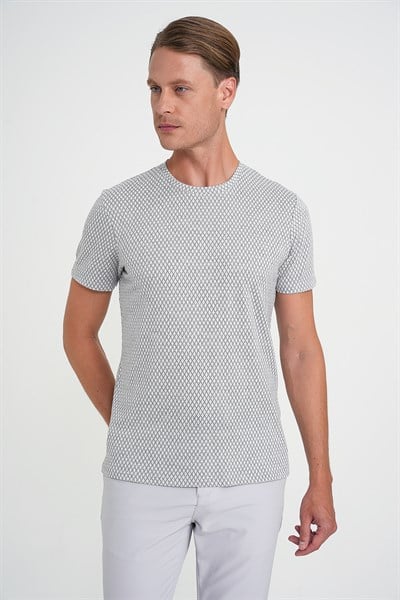 Comfort Fit Bisiklet Yaka Esnek Pamuklu Baklava Desen Gri Tişört TS 908