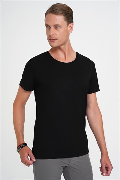 Comfort Fit Bisiklet Yaka Esnek Pamuklu Düz Siyah Tişört TS 915