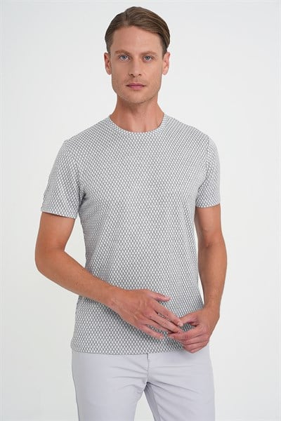 Comfort Fit Bisiklet Yaka Esnek Pamuklu Baklava Desen Gri Tişört TS 908