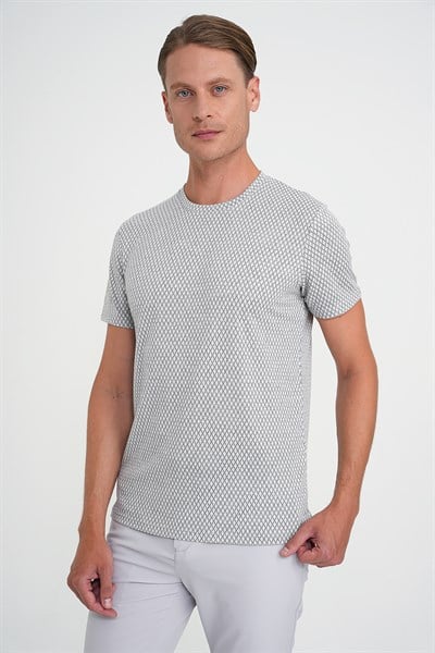 Comfort Fit Bisiklet Yaka Esnek Pamuklu Baklava Desen Gri Tişört TS 908
