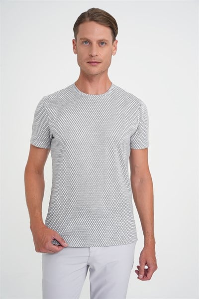 Comfort Fit Bisiklet Yaka Esnek Pamuklu Baklava Desen Gri Tişört TS 908