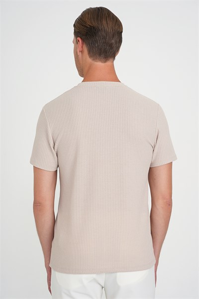 Comfort Fit Bisiklet Yaka Fitilli Esnek Pamuklu Bej Tişört TS 912