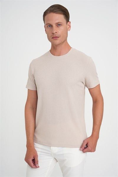 Comfort Fit Bisiklet Yaka Fitilli Esnek Pamuklu Bej Tişört TS 912