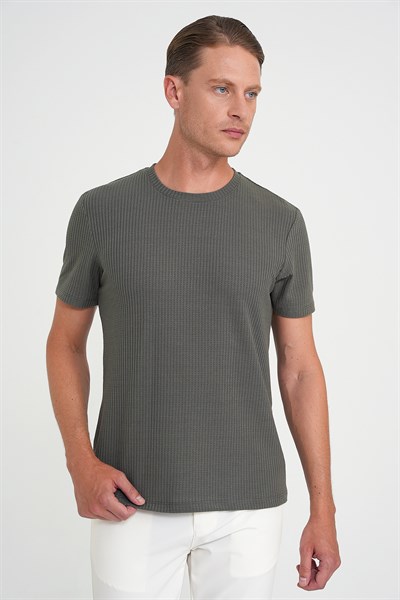 Comfort Fit Bisiklet Yaka Fitilli Esnek Pamuklu Haki Tişört TS 912