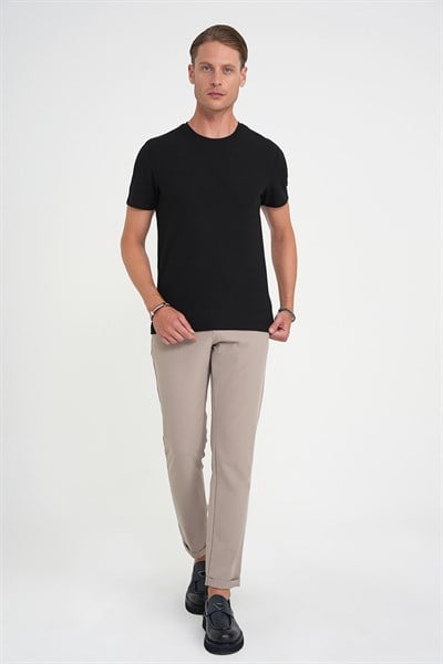 Comfort Fit Bisiklet Yaka Fitilli Esnek Pamuklu Siyah Tişört TS 912