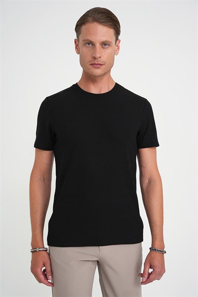 Comfort Fit Bisiklet Yaka Fitilli Esnek Pamuklu Siyah Tişört TS 912