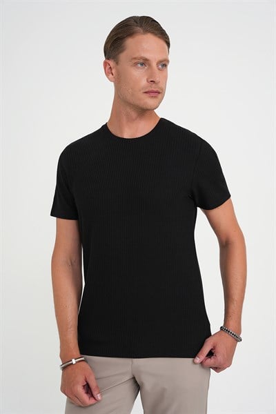Comfort Fit Bisiklet Yaka Fitilli Esnek Pamuklu Siyah Tişört TS 912