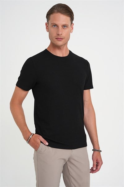 Comfort Fit Bisiklet Yaka Fitilli Esnek Pamuklu Siyah Tişört TS 912