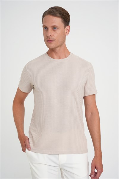Comfort Fit Bisiklet Yaka Fitilli Esnek Pamuklu Bej Tişört TS 912