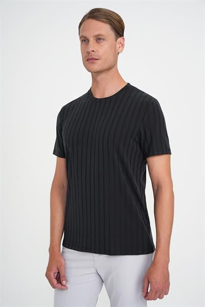 Comfort Fit Bisiklet Yaka Fitilli Kısa Kol Siyah Tişört Ts 909