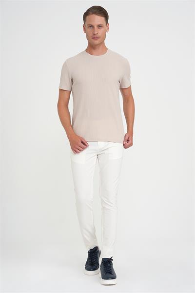 Comfort Fit Bisiklet Yaka Fitilli Kısa Kol Bej Tişört Ts 912