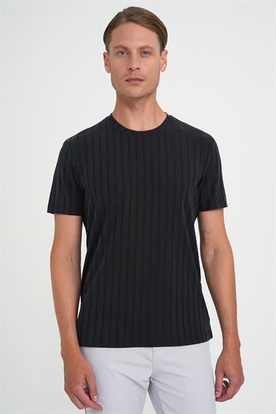 Comfort Fit Bisiklet Yaka Fitilli Kısa Kol Siyah Tişört Ts 909