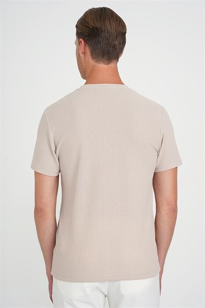 Comfort Fit Bisiklet Yaka Fitilli Kısa Kol Bej Tişört Ts 912