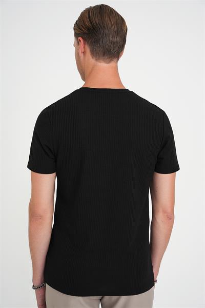 Comfort Fit Bisiklet Yaka Fitilli Kısa Kol Siyah Tişört Ts 912