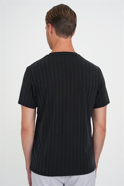 Comfort Fit Bisiklet Yaka Fitilli Kısa Kol Siyah Tişört Ts 909