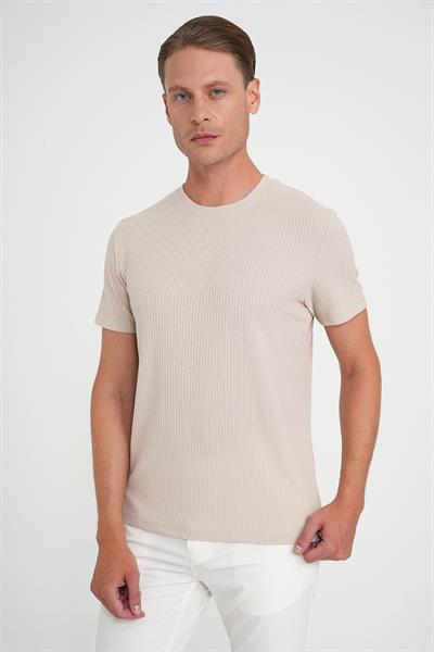 Comfort Fit Bisiklet Yaka Fitilli Kısa Kol Bej Tişört Ts 912