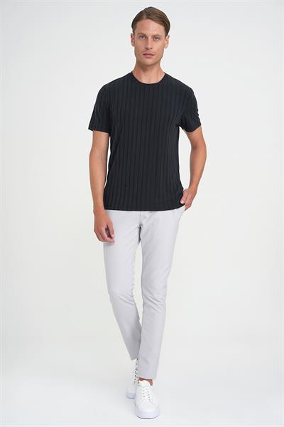 Comfort Fit Bisiklet Yaka Fitilli Kısa Kol Siyah Tişört Ts 909