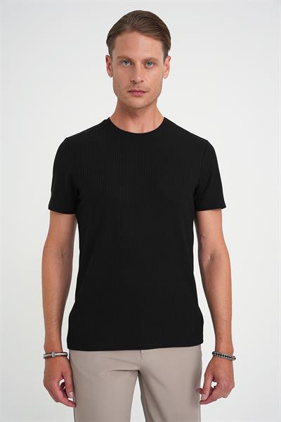 Comfort Fit Bisiklet Yaka Fitilli Kısa Kol Siyah Tişört Ts 912