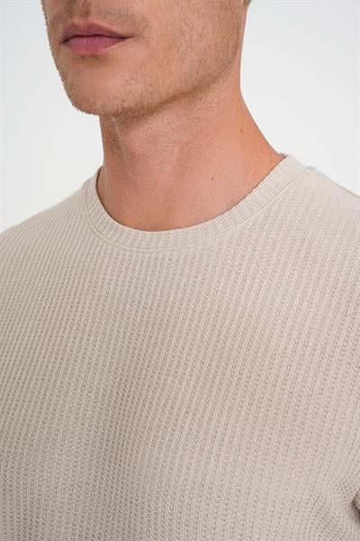 Comfort Fit Bisiklet Yaka Fitilli Kısa Kol Bej Tişört Ts 912