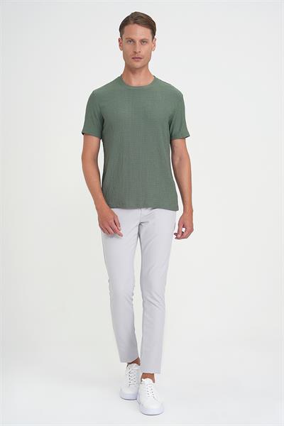 Comfort Fit Bisiklet Yaka Gofre Kısa Kol Yeşil Tişört Ts 911