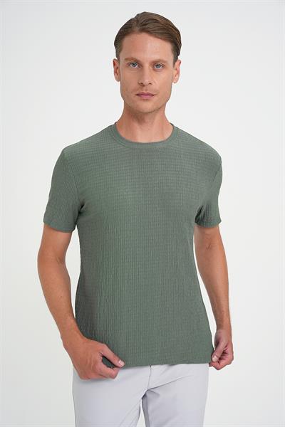 Comfort Fit Bisiklet Yaka Gofre Kısa Kol Yeşil Tişört Ts 911
