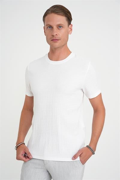 Comfort Fit Bisiklet Yaka Gofre Kısa Kol Ekru Tişört Ts 911