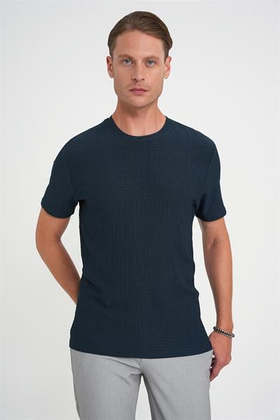 Comfort Fit Bisiklet Yaka Gofre Kısa Kol Petrol Mavisi Tişört Ts 911