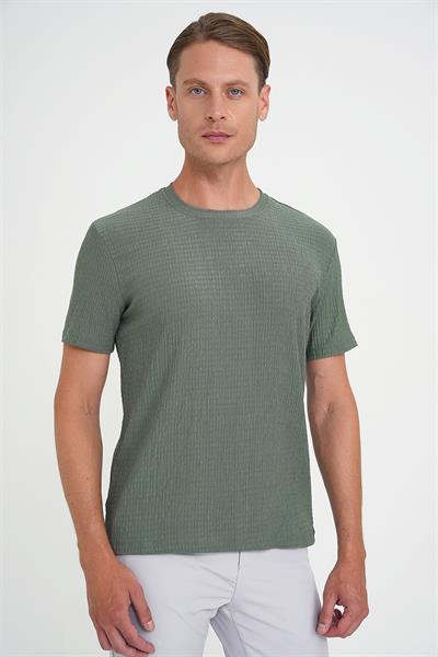 Comfort Fit Bisiklet Yaka Gofre Kısa Kol Yeşil Tişört Ts 911