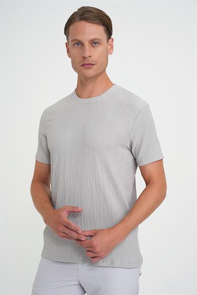 Comfort Fit Bisiklet Yaka Gofre Kısa Kol Gri Tişört Ts 911