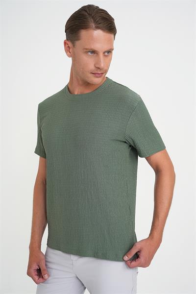 Comfort Fit Bisiklet Yaka Gofre Kısa Kol Yeşil Tişört Ts 911