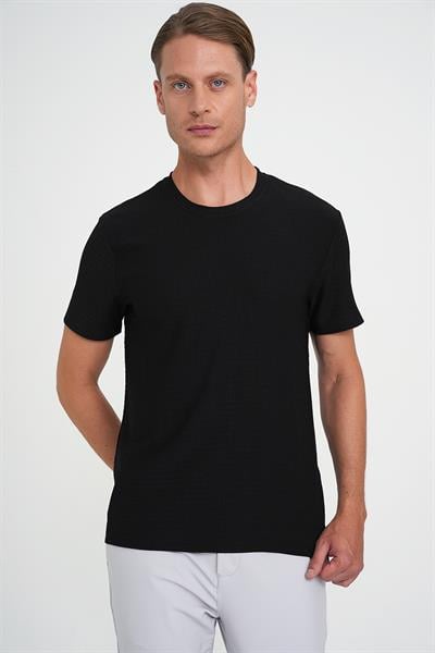 Comfort Fit Bisiklet Yaka Gofre Kısa Kol Siyah Tişört Ts 911