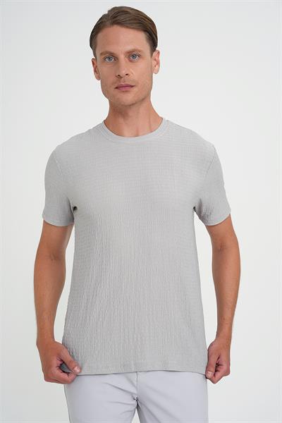Comfort Fit Bisiklet Yaka Gofre Kısa Kol Gri Tişört Ts 911