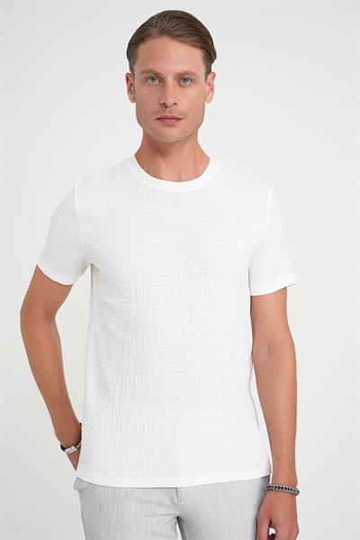 Comfort Fit Bisiklet Yaka Gofre Kısa Kol Ekru Tişört Ts 911