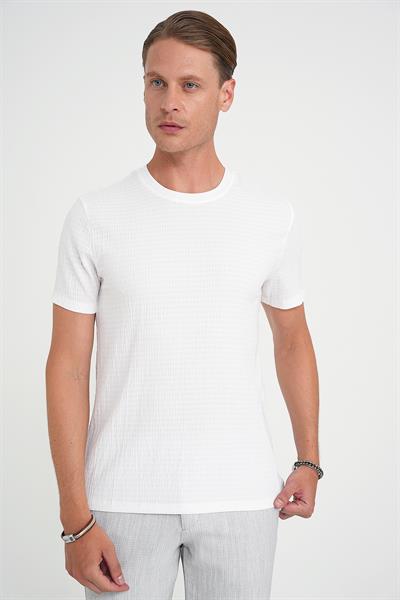 Comfort Fit Bisiklet Yaka Gofre Kısa Kol Ekru Tişört Ts 911