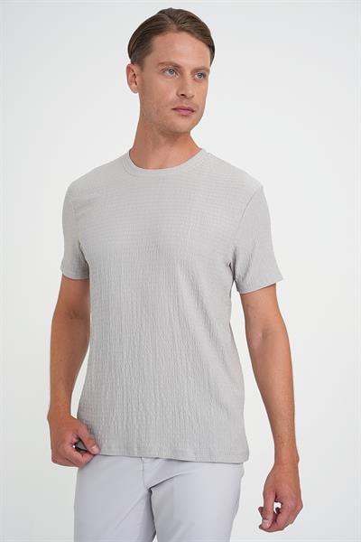Comfort Fit Bisiklet Yaka Gofre Kısa Kol Gri Tişört Ts 911