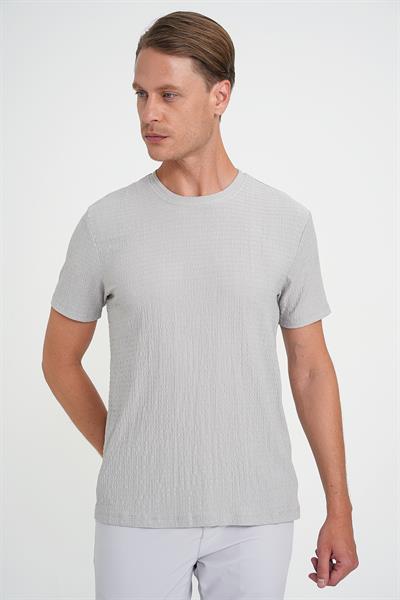 Comfort Fit Bisiklet Yaka Gofre Kısa Kol Gri Tişört Ts 911