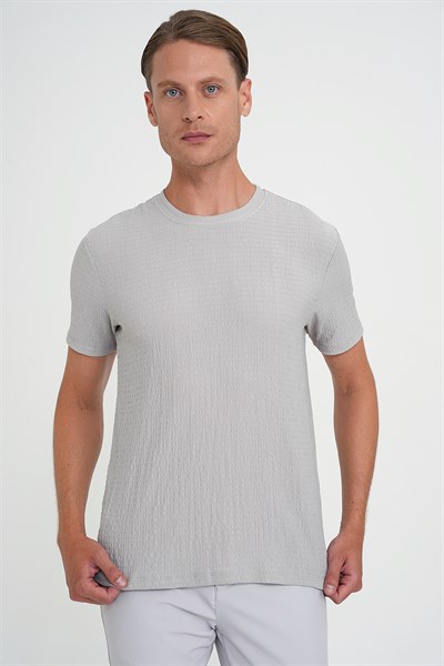 Comfort Fit Bisiklet Yaka Gofre Pamuklu Kumaş Gri Tişört TS 911