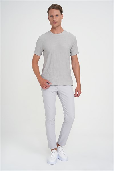 Comfort Fit Bisiklet Yaka Gofre Pamuklu Kumaş Gri Tişört TS 911