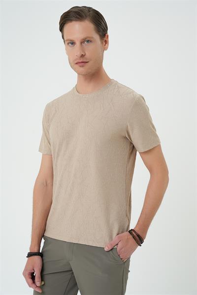 Comfort Fit Bisiklet Yaka Kabartma Desenli Casual Bej Tişört Ts 899
