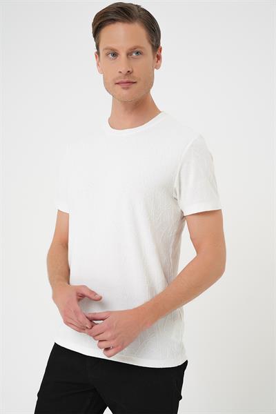 Comfort Fit Bisiklet Yaka Kabartma Desenli Casual Ekru Tişört Ts 899