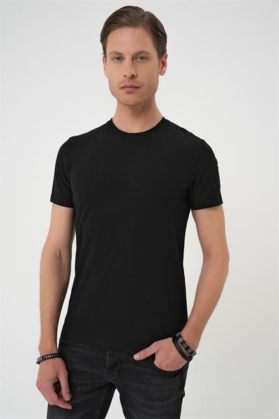 Comfort Fit Bisiklet Yaka Kabartma Desenli Casual Siyah Tişört Ts 899