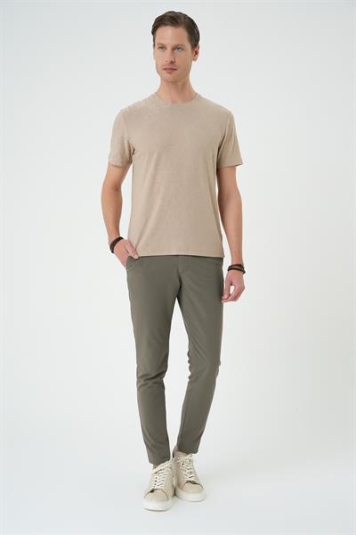 Comfort Fit Bisiklet Yaka Kabartma Desenli Casual Bej Tişört Ts 899