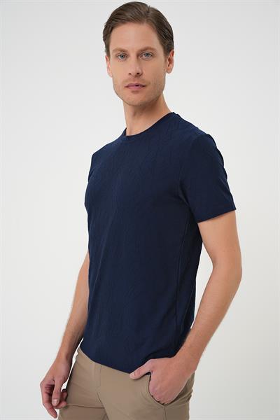 Comfort Fit Bisiklet Yaka Kabartma Desenli Casual Lacivert Tişört Ts 899