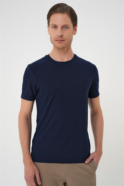 Comfort Fit Bisiklet Yaka Kabartma Desenli Casual Lacivert Tişört Ts 899