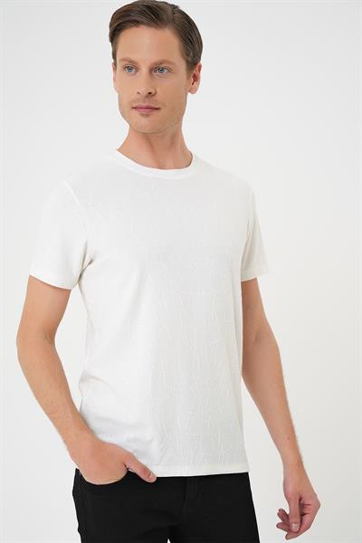 Comfort Fit Bisiklet Yaka Kabartma Desenli Casual Ekru Tişört Ts 899