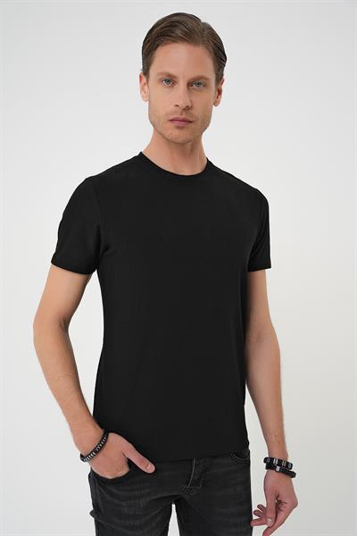 Comfort Fit Bisiklet Yaka Kabartma Desenli Casual Siyah Tişört Ts 899