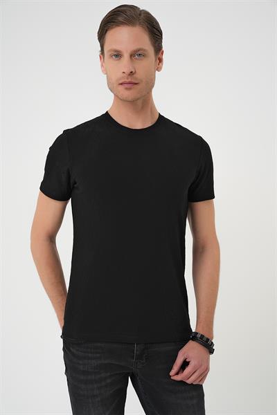 Comfort Fit Bisiklet Yaka Kabartma Desenli Casual Siyah Tişört Ts 899