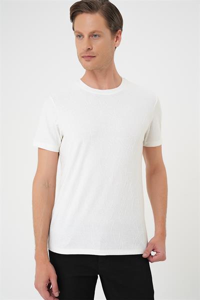 Comfort Fit Bisiklet Yaka Kabartma Desenli Casual Ekru Tişört Ts 899
